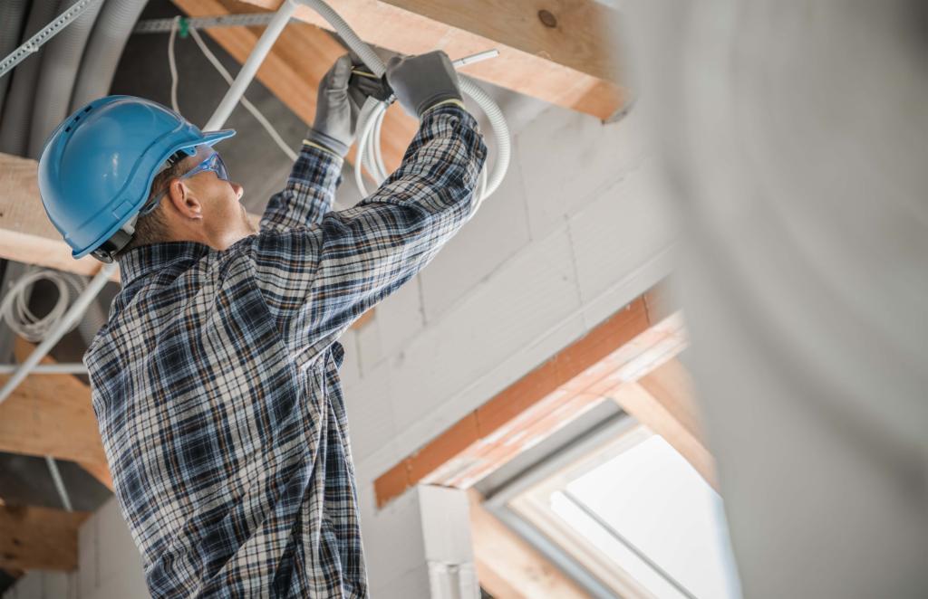 Construction worker attaching wiring to ceiling 